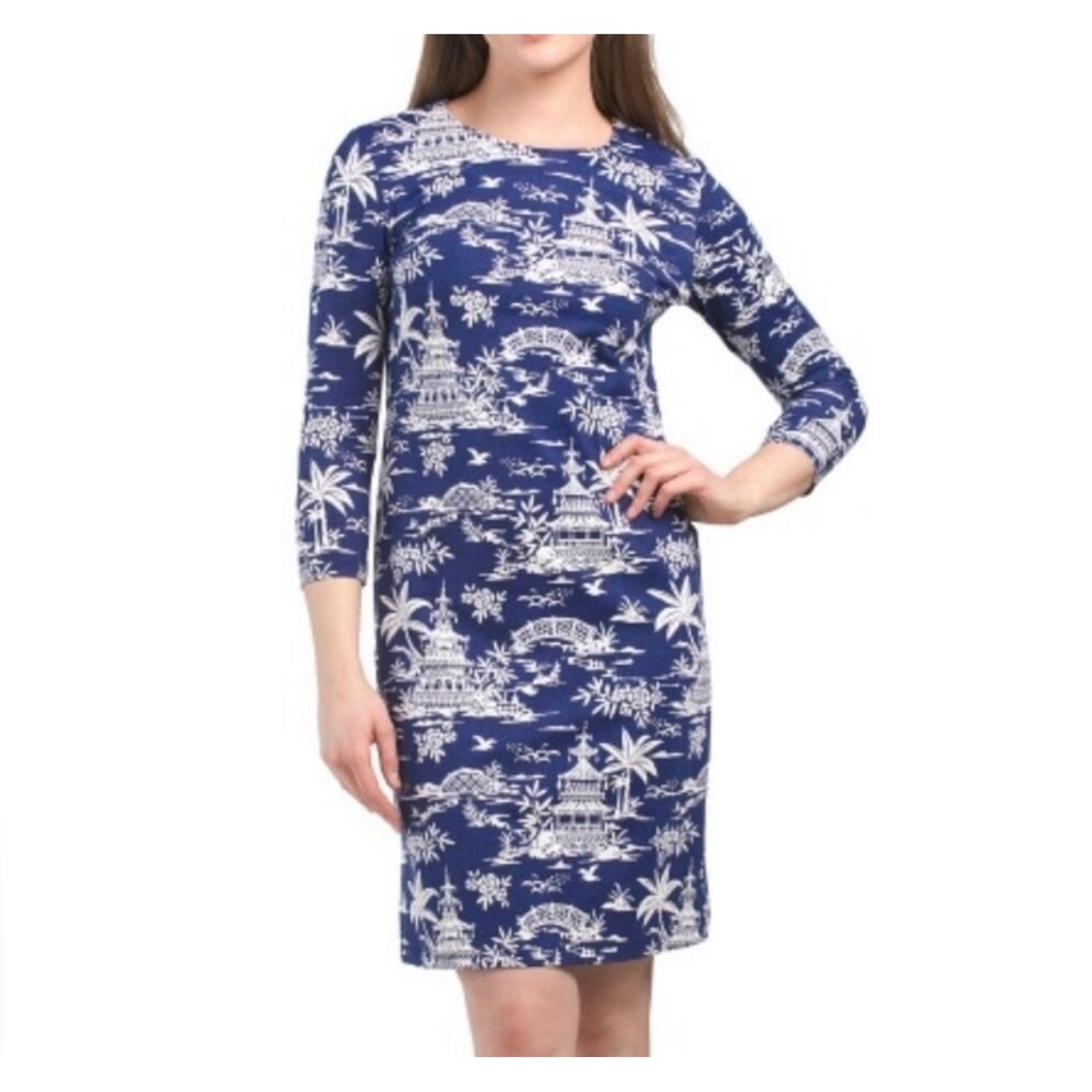 J McLaughlin Sophia Dress Tongsai Palms Sz Medium Blue White Catalina Cloth Thai